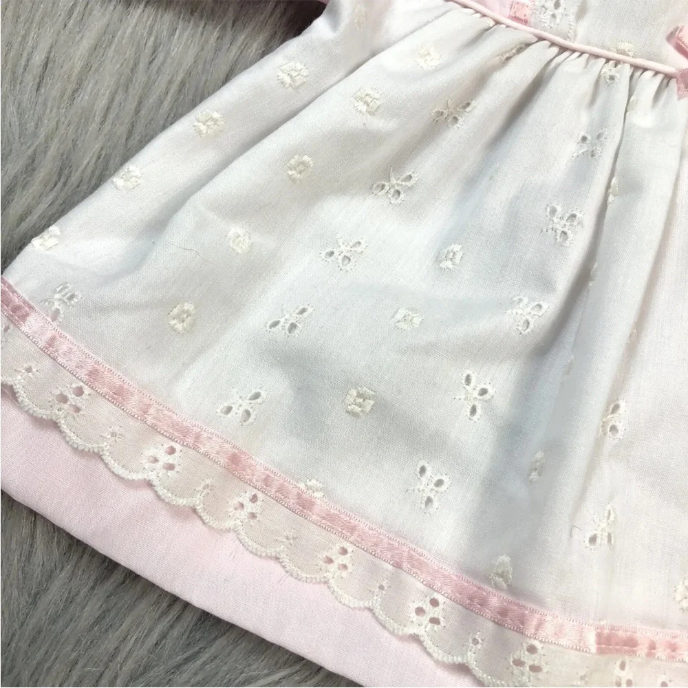 Vintage Baby Girls White Pink Eyelet Bow Ruffle Long Sleeve Dress